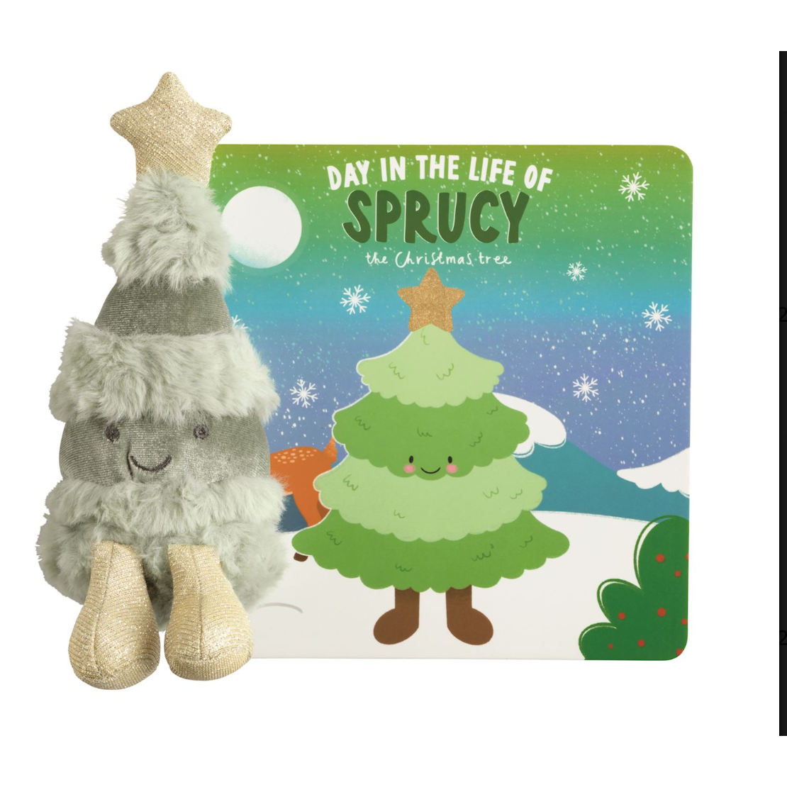 Plush toy resembling a Christmas tree with a book titled 'Day in the Life of Sprucy the Christmas Tree' on a white background.