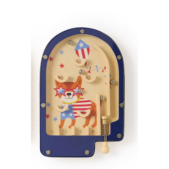 Wooden toy with a dog design featuring American flags on a white background