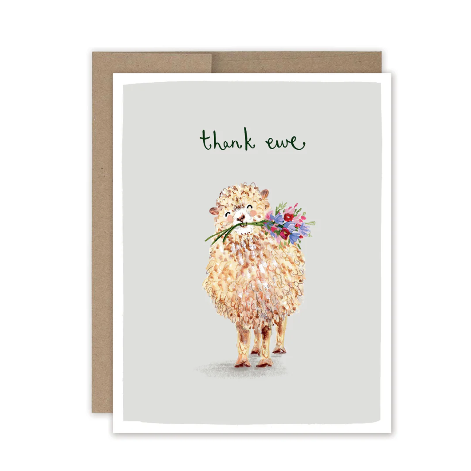 Greeting card with a sheep illustration and 'thank ewe' text on a white background.
