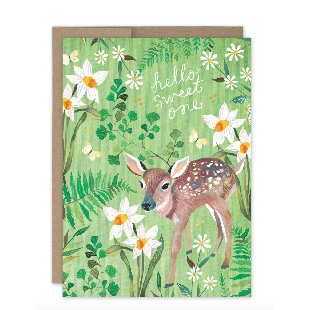 Greeting card with a deer illustration and floral design on a green background