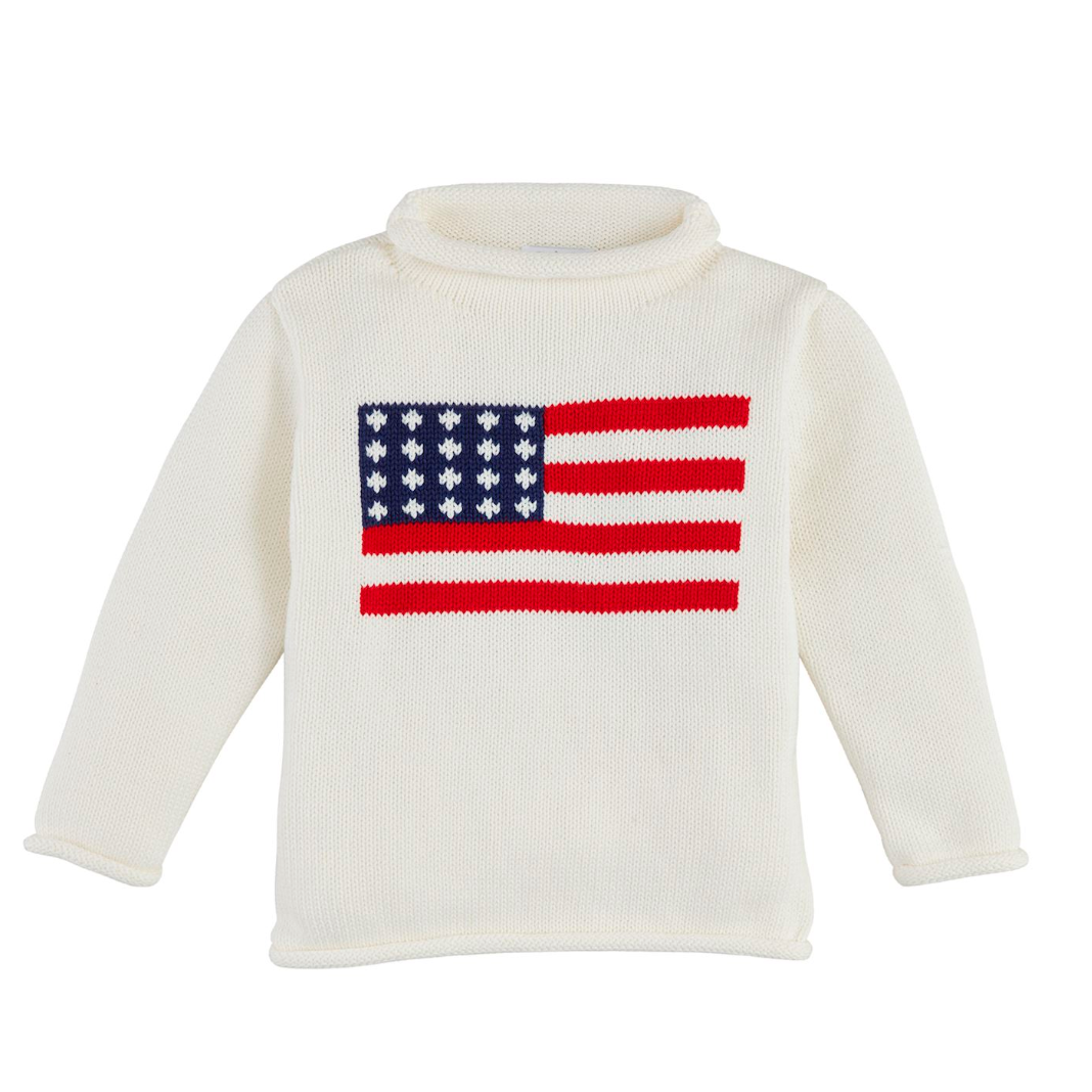 White sweater with an American flag design on a white background