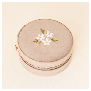 Floral Tan Round Velvet Jewelry Case 