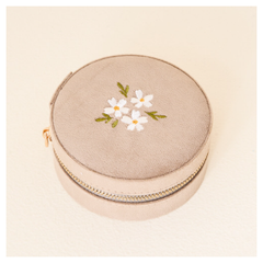 Floral Tan Round Velvet Jewelry Case 