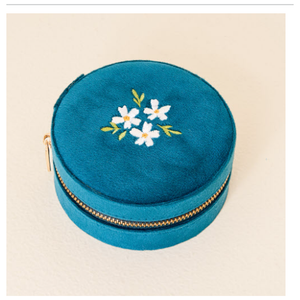 Floral Teal Round Velvet Jewelry Case