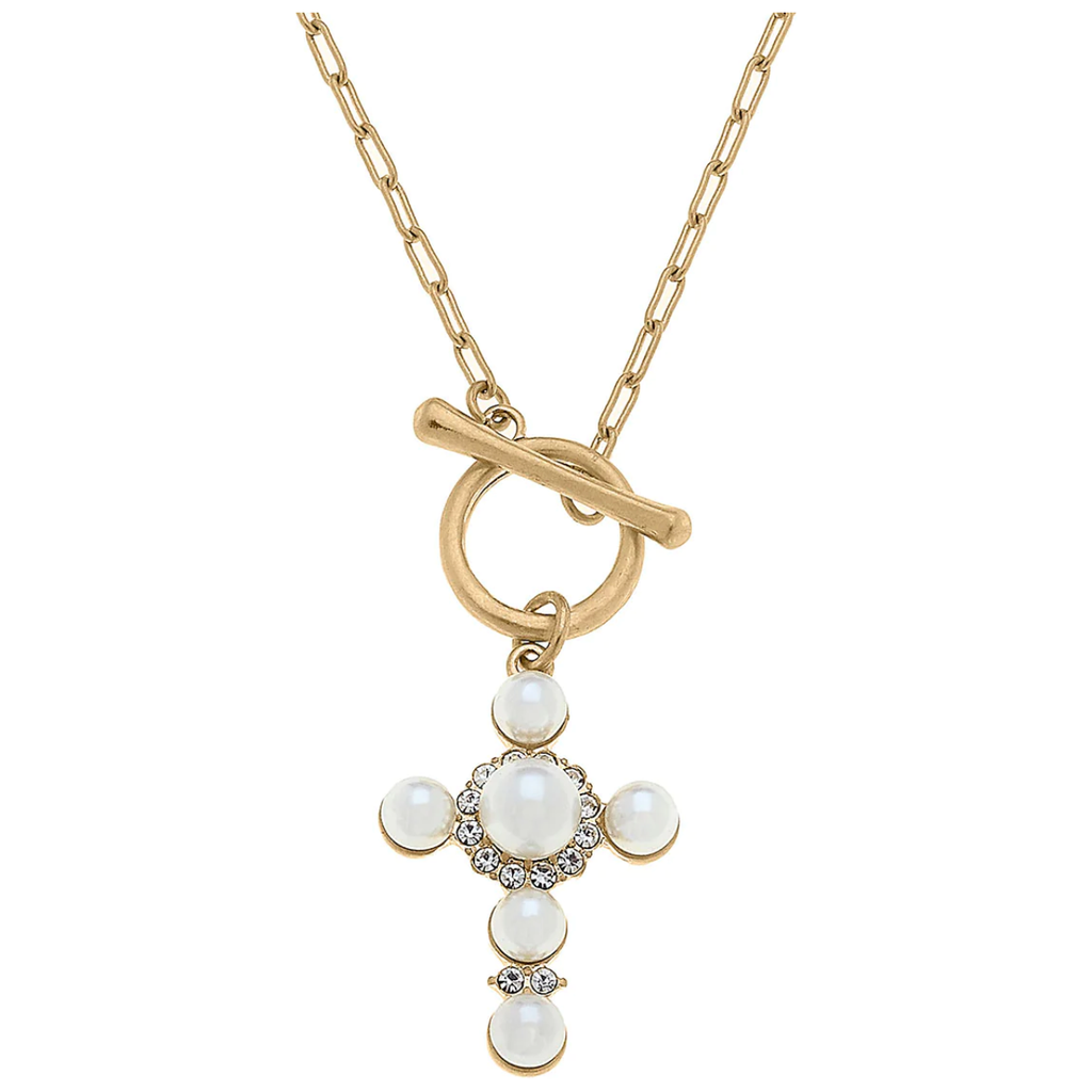 Frances Pearl & Rhinestone Cross Necklace in Ivory