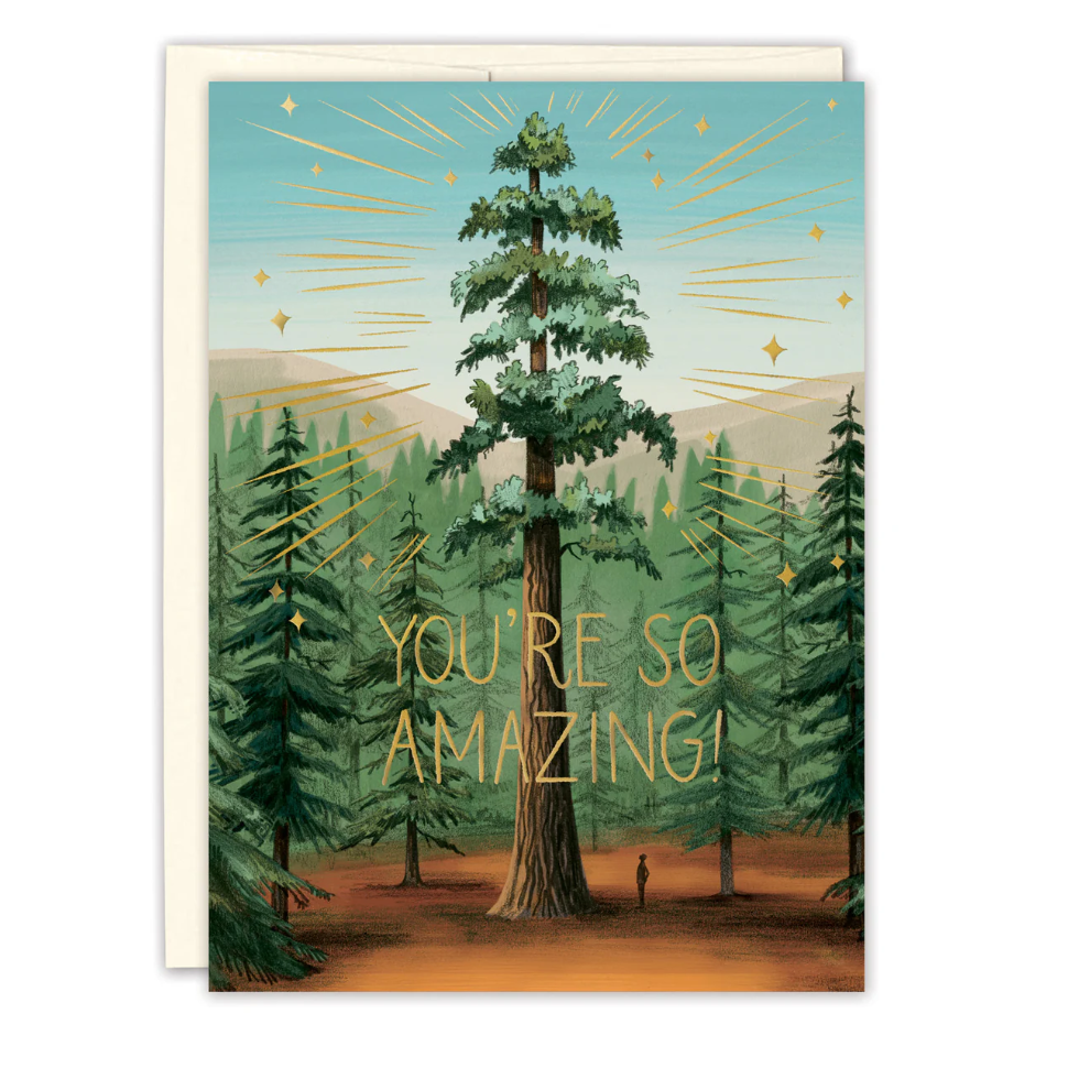 Greeting card with a forest scene and 'You're so amazing!' text