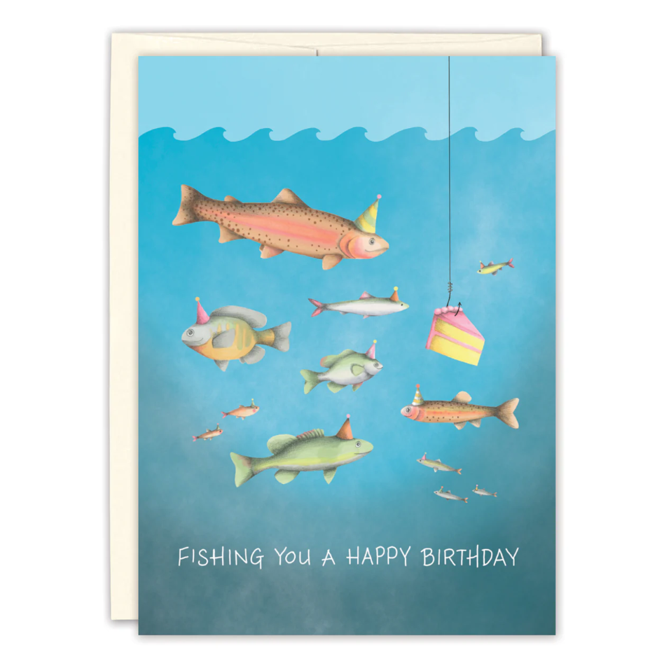 Birthday card with fish illustrations and a cake, set against a blue watercolor background.