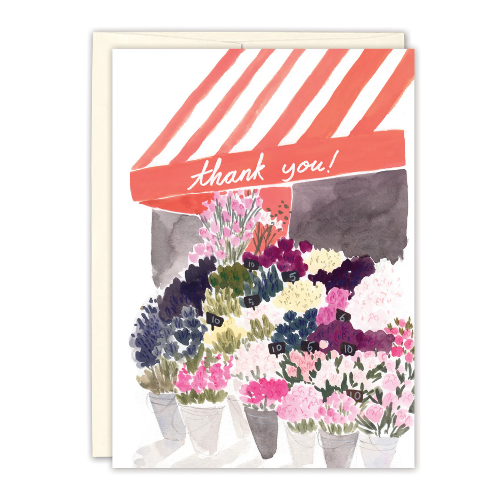 Greeting card with floral design and 'thank you!' text on a white background