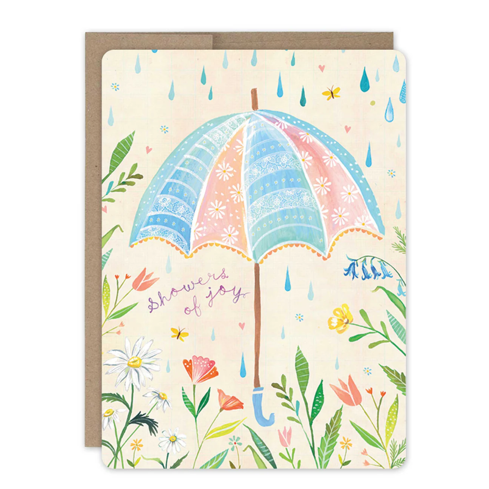 Greeting card with a colorful umbrella and floral design, featuring the text 'Showers of Joy'.
