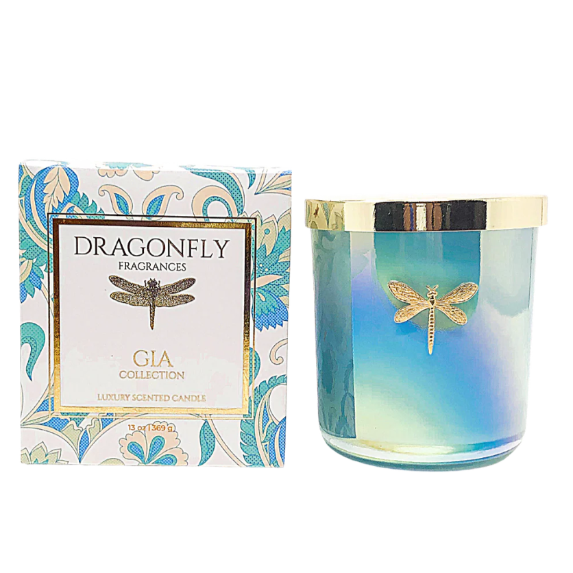 Dragonfly scented candle with decorative packaging featuring a dragonfly design.