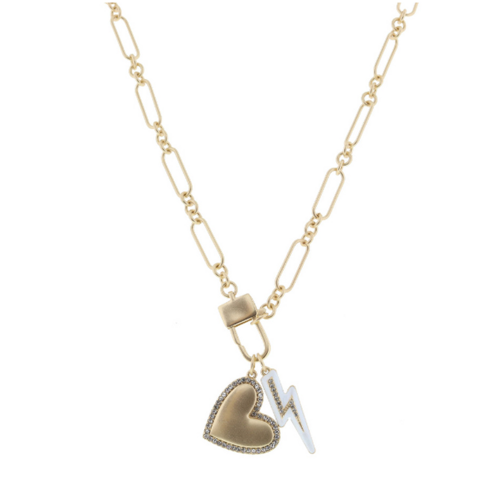 Gold Heart Pendant with Lightning Bolt Charm Necklace