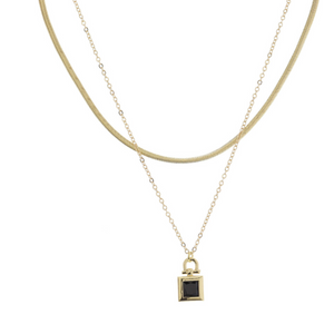 Gold Latch with Black Jet Square Crystal Necklace