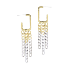 Gold Rectangle Hoop with 2-Tone Curb Chain Tassels Earrings