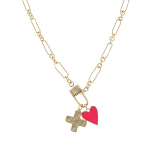 Gold Square Cross with Hot Pink Enamel Heart Necklace