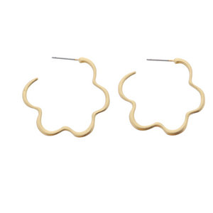 Gold Wavy Flower Hoop Earrings 1.25" Top to Bottom Pendant