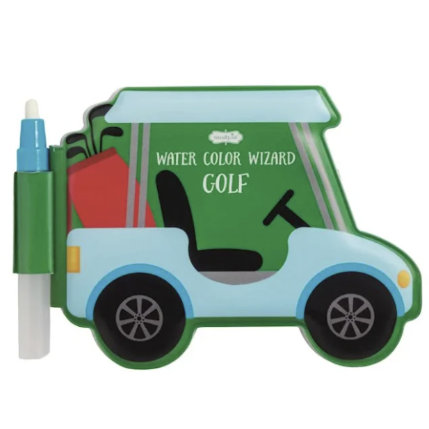 Golf cart-shaped coloring book with watercolor markers on a white background