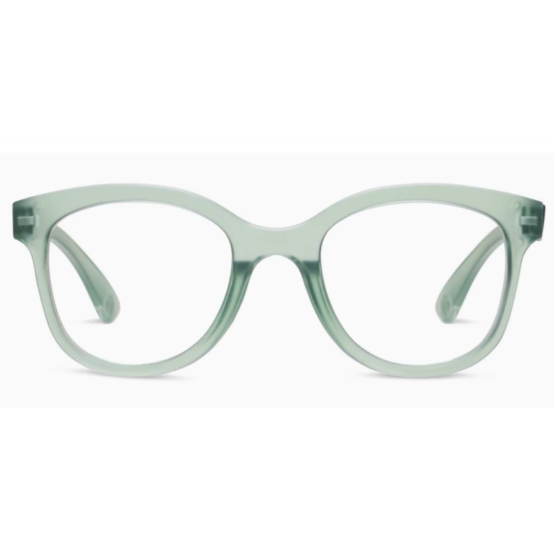 Pair of light green eyeglasses on a white background