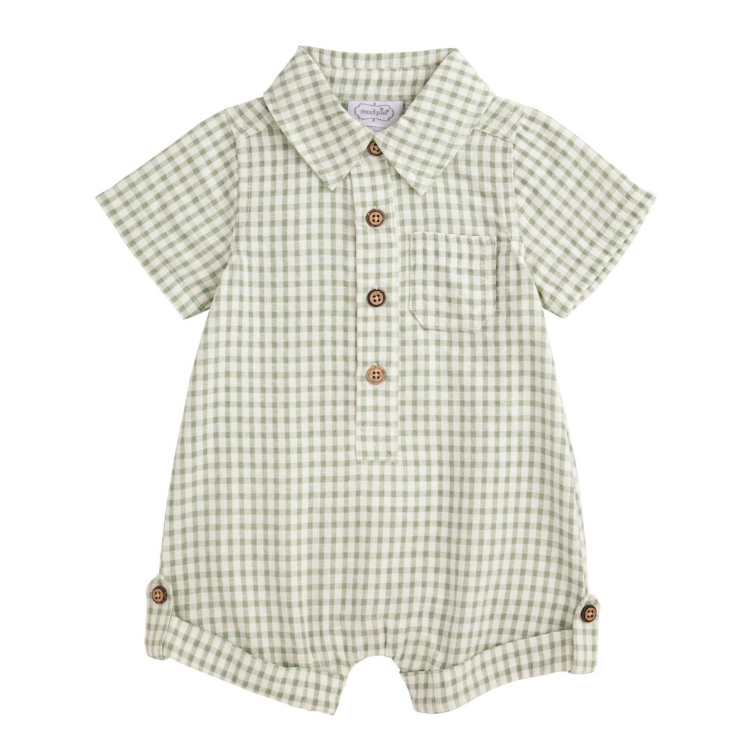 Suggestion


Green and white checkered baby romper with buttons on a white background