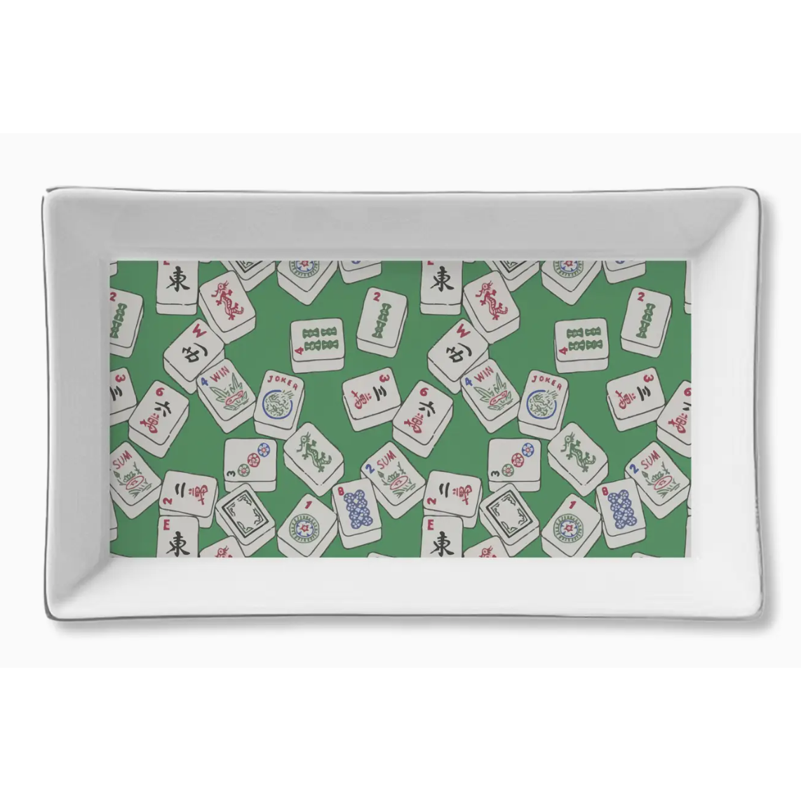 Rectangular tray with Mahjong tile pattern on a green background