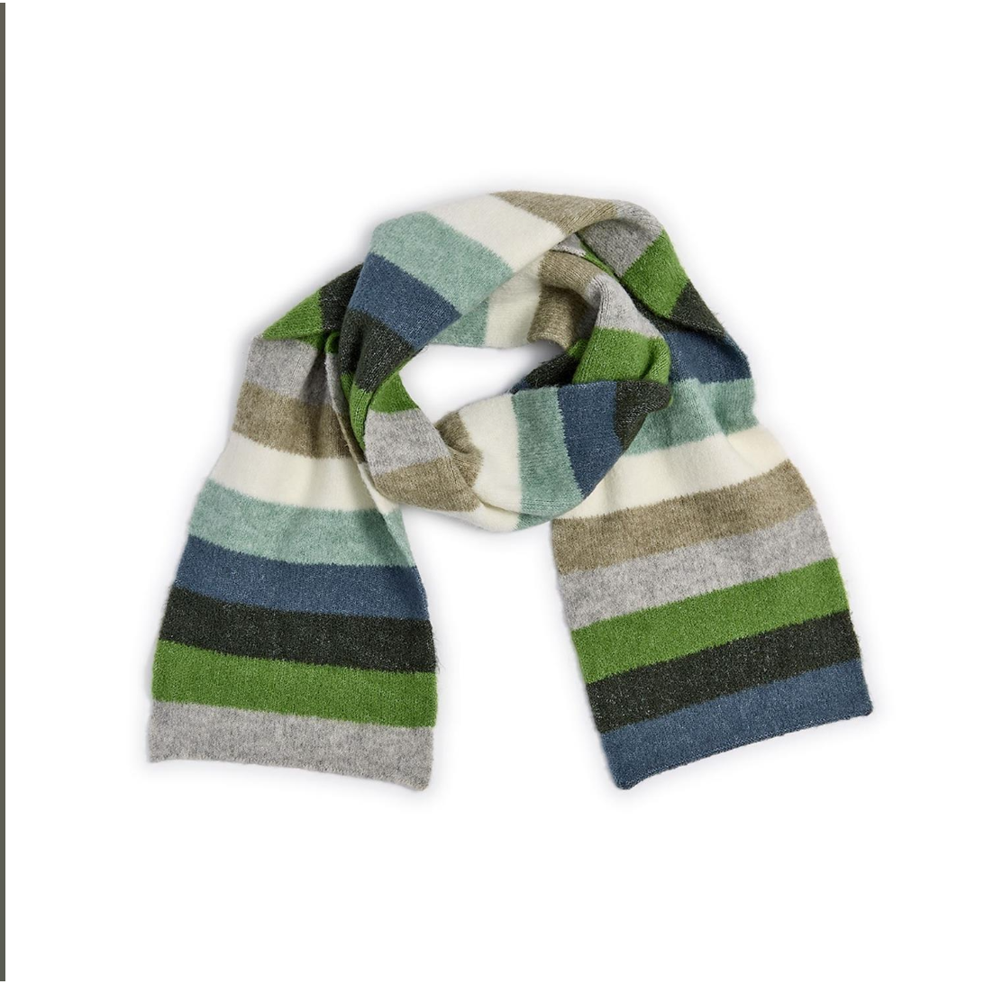 A striped knit scarf with horizontal bands of green, blue, beige, white, and gray, arranged in a loose loop on a white background.