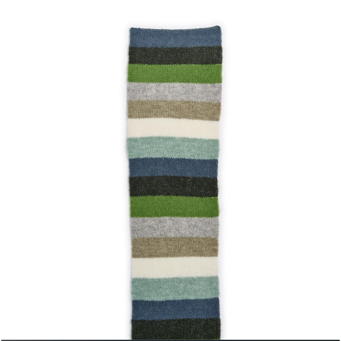 A single knit sock with horizontal stripes in blue, green, gray, beige, and white, shown flat against a plain white background.