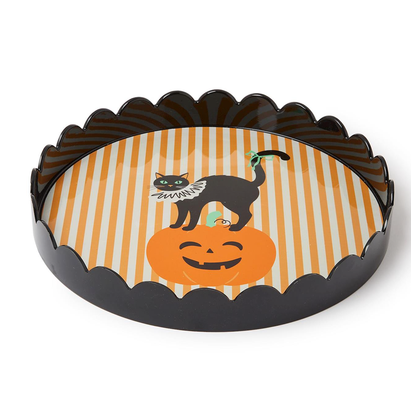 A round Halloween-themed tray with a black scalloped rim and a printed design featuring orange and white vertical stripes, a black cat, and an orange jack-o'-lantern on a white background.