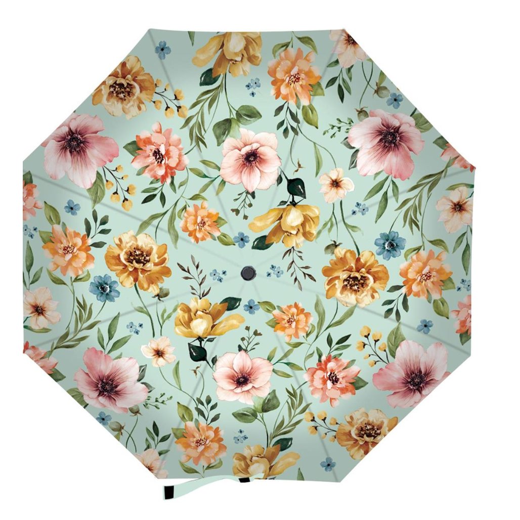 Floral-patterned umbrella with pink, yellow, and orange flowers on a light blue background
