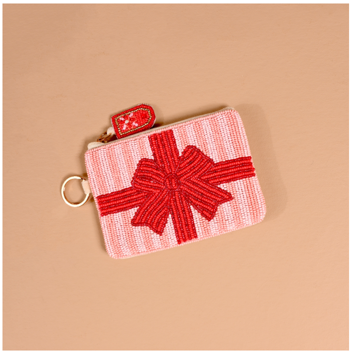 Holiday Gift Bow Red Handcrafted Beaded Pouch