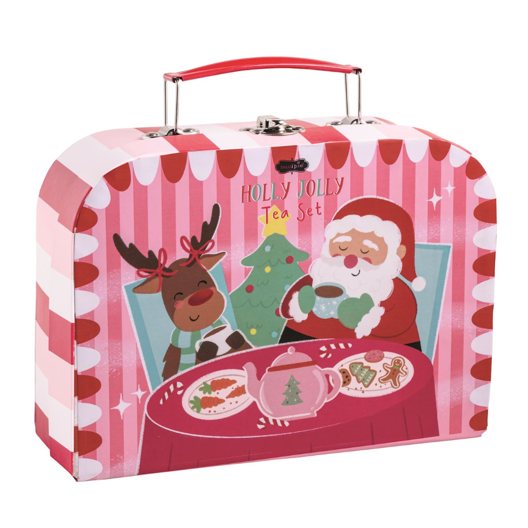 Children's tea set in a pink and red striped box with Santa and reindeer design.