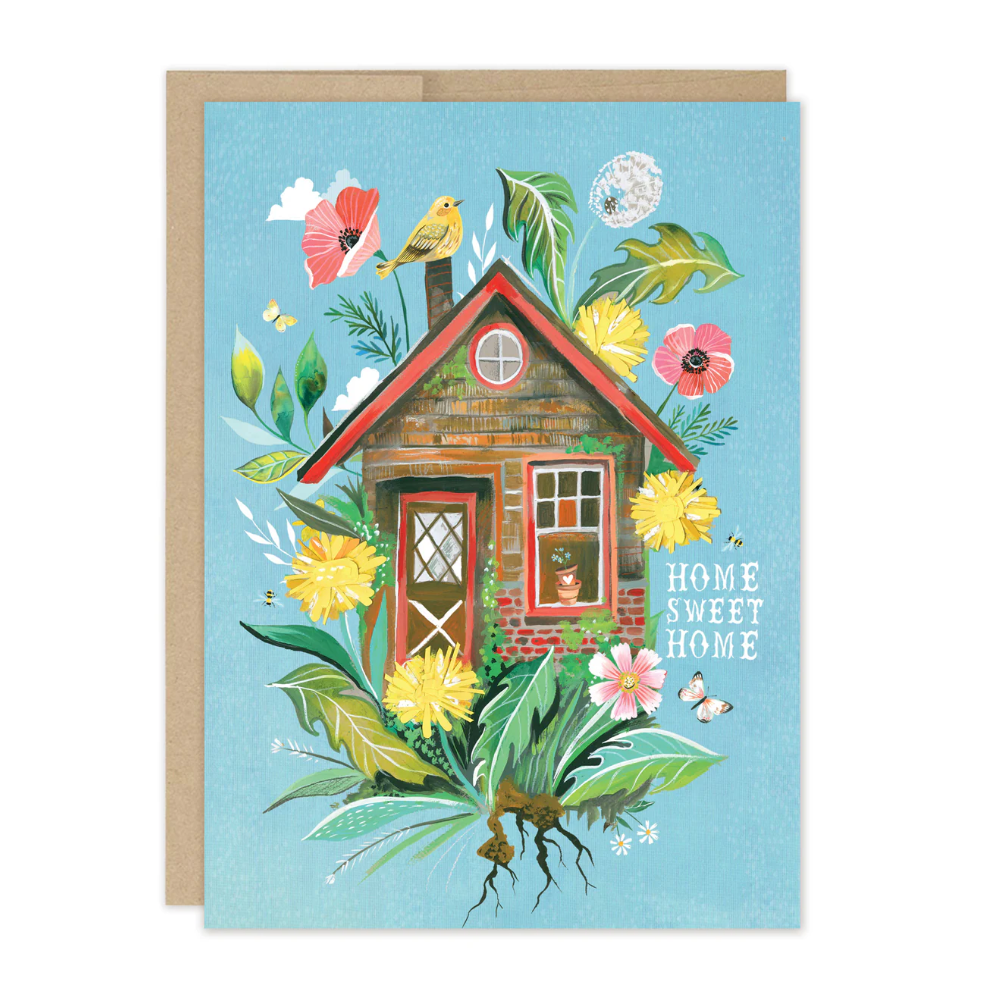 Greeting card with a cabin illustration and floral elements on a blue background