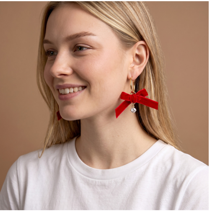 A woman wearing a pair of large red bow-shaped earrings with small clear crystal accents, photographed against a plain warm beige background.