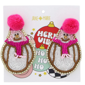 Hot Pink Pom with White, Gold, Hot Pink, Crystal Beaded Snowman Earrings