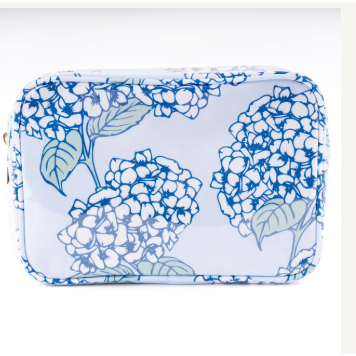 Floral-patterned pouch with blue flowers on a white background