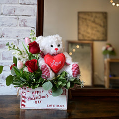 Love Mail Teddy Bear With Heart-Roses and Tulips