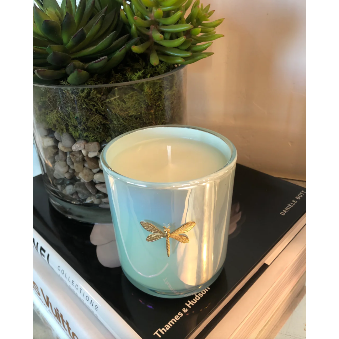 Candle with dragonfly design in a green holder on a surface with books and a plant.