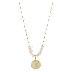 Freshwater Pearl and Crystal Loop with "K" Initial Gold Necklace 