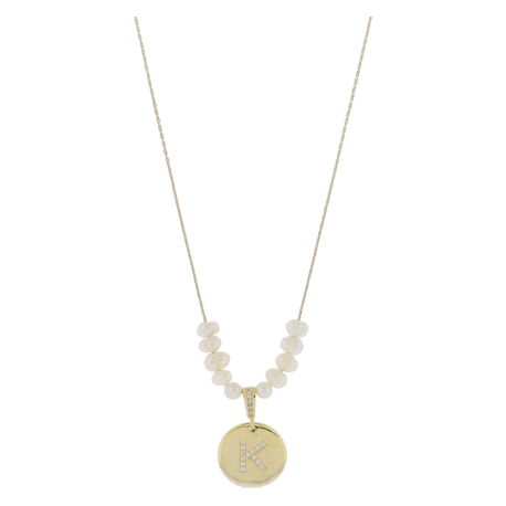 Freshwater Pearl and Crystal Loop with "K" Initial Gold Necklace 