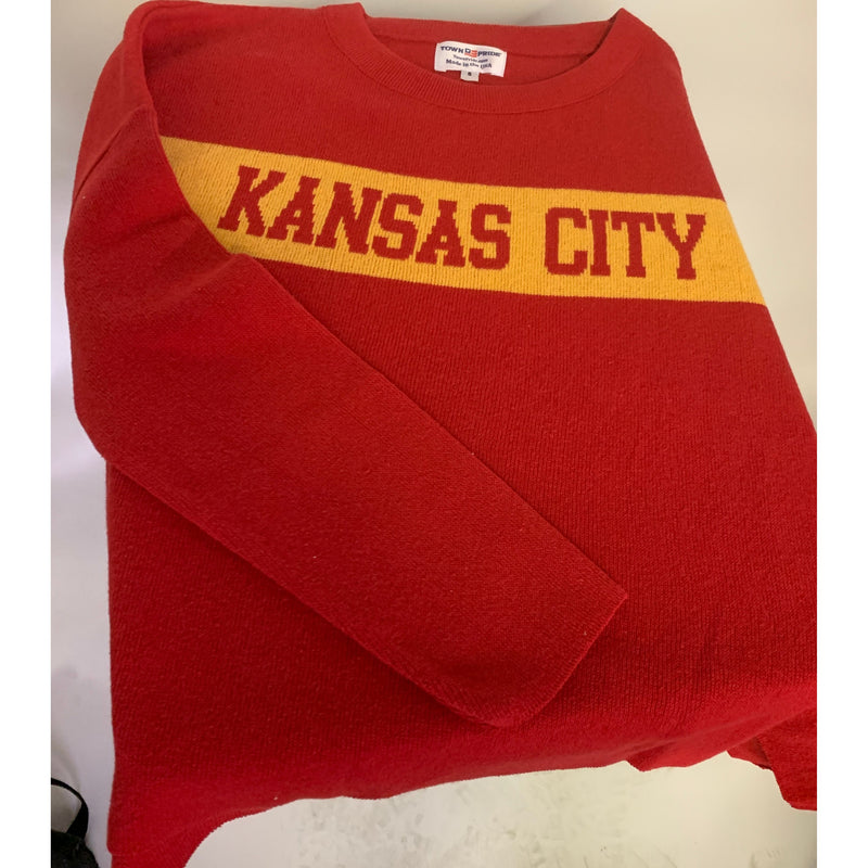 


Red sweatshirt with 'Kansas City' text on a white background