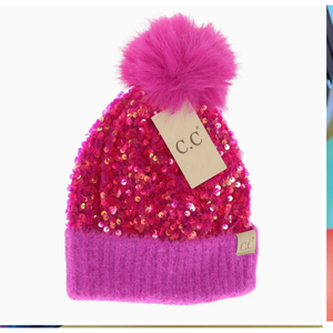 Hot Pink Kids Cluster Sequin Faux Fur Pom C.C. Beanie