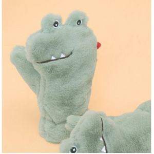 Kids Toothy Dino Fluffy Mittens in Sage
