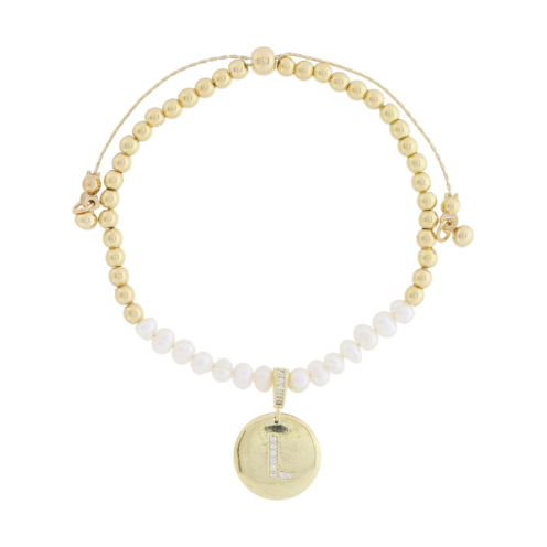 Freshwater Pearl and Crystal Loop with Pave Crystal "L" Disc Bracelet 