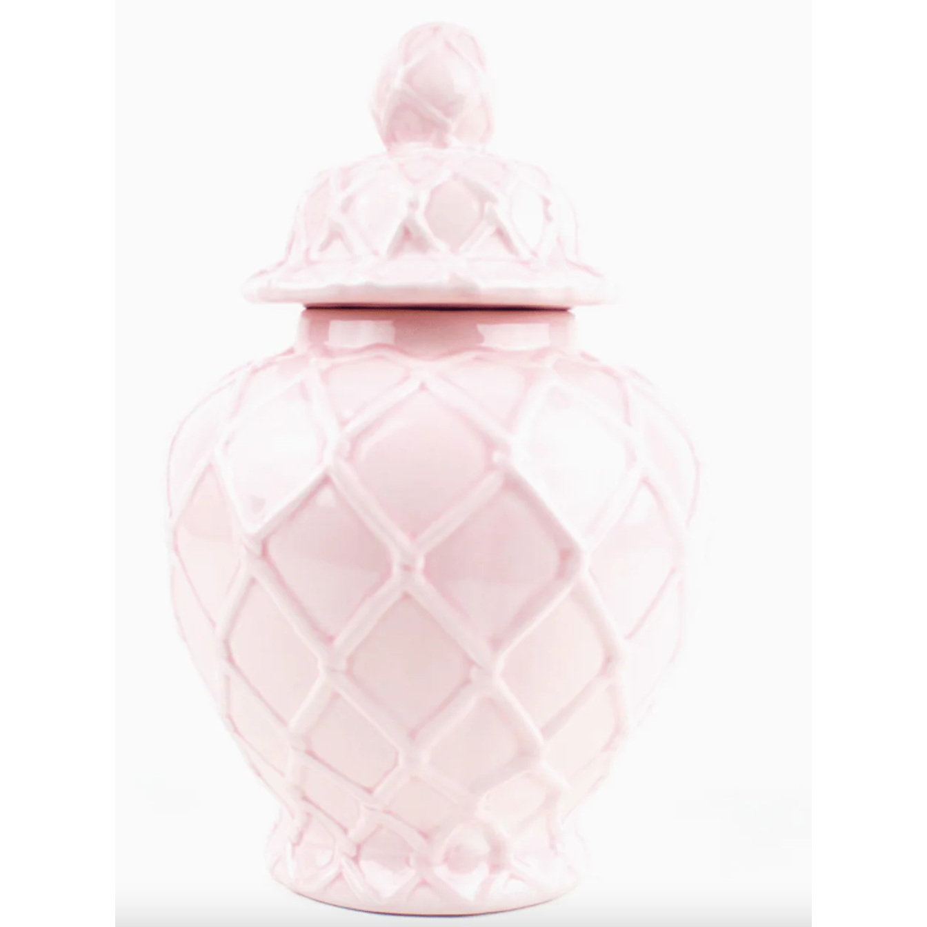 Pink ceramic jar with a textured design on a white background