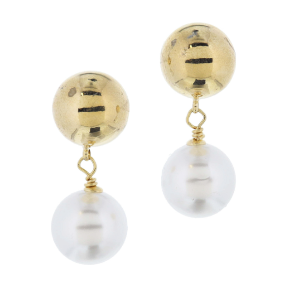 Large Gold Ball with Large Pearl Dangle Earrings