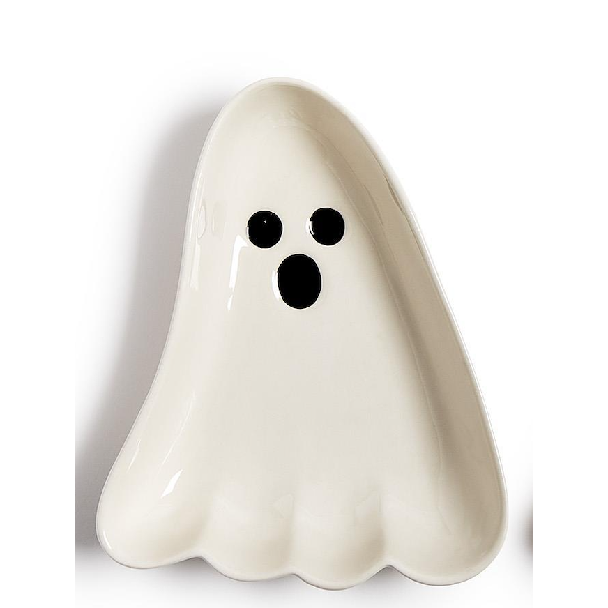 A ghost-shaped ceramic dish in glossy off-white with black eyes and an open mouth, photographed on a plain white background.