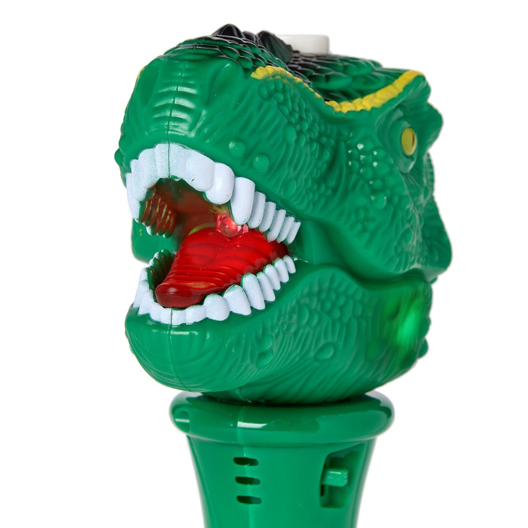 Toy dinosaur head with open mouth on a white background