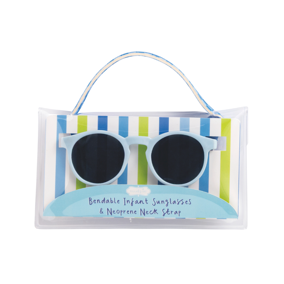 Bendable infant sunglasses with a neoprene neck strap in packaging on a white background