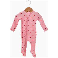 Little Red Heart (on pink) Organic Waffle Ruffle Zip Footie