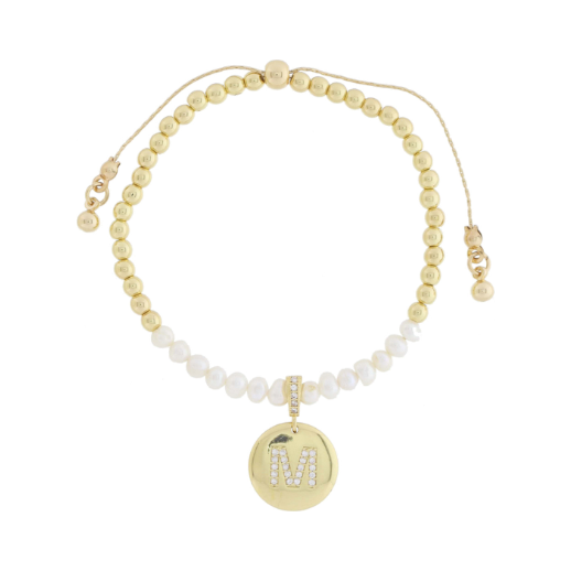 Freshwater Pearl and Crystal Loop with Pave Crystal "M" Disc Bracelet 