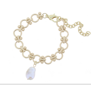 Matte Gold Ball Pin Joint Circle Link Chain with Drop Pearl Bracelet