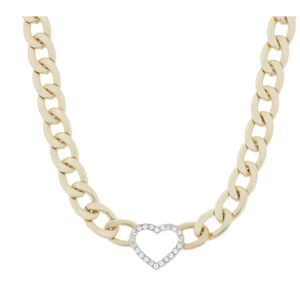 Matte Gold Chunky Chain with Crystal Lined Open Heart Necklace